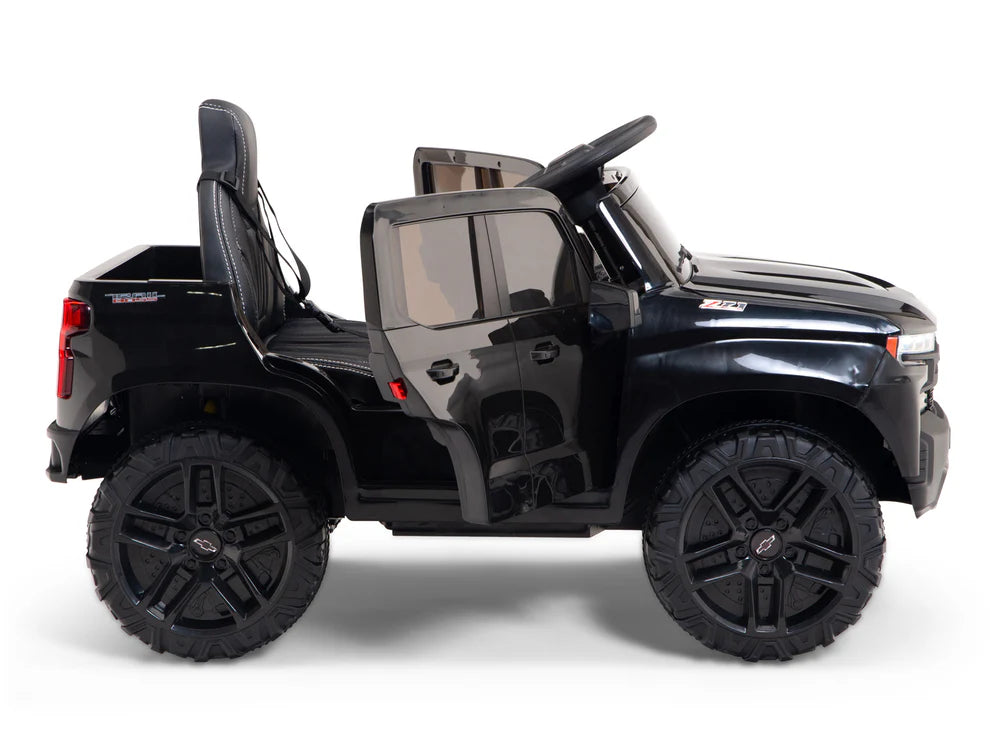Camioneta Eléctrica Infantil Chevrolet Silverado Trail Boss 12V con Control Remoto Negro – Edición Estándar y Premium