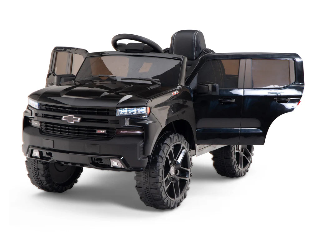 Camioneta Eléctrica Infantil Chevrolet Silverado Trail Boss 12V con Control Remoto Negro – Edición Estándar y Premium